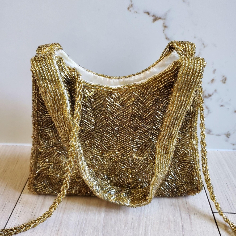 Gold Beaded Shoulder Bag - Elegant Evening Bag